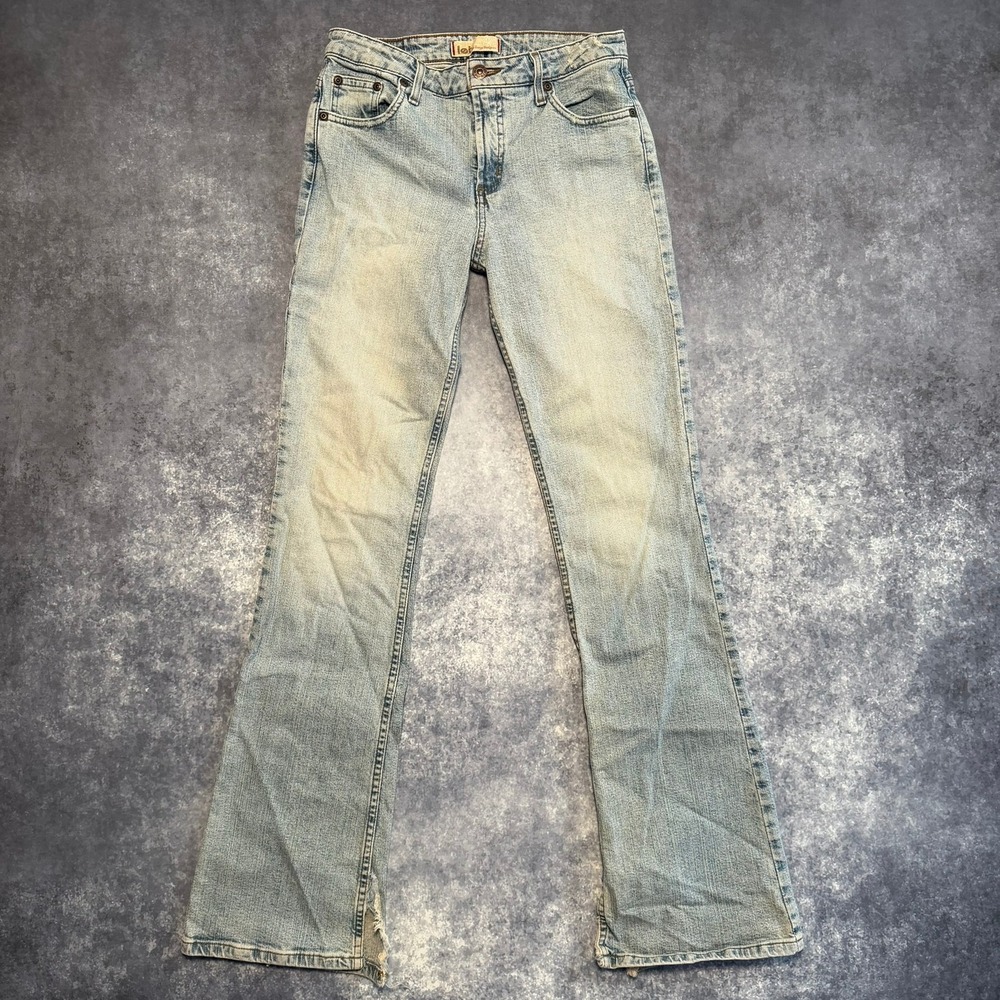 LEI Womens Y2K Mid Rise Flare Jeans Light Wash Blue Size 5 Distressed Hem
